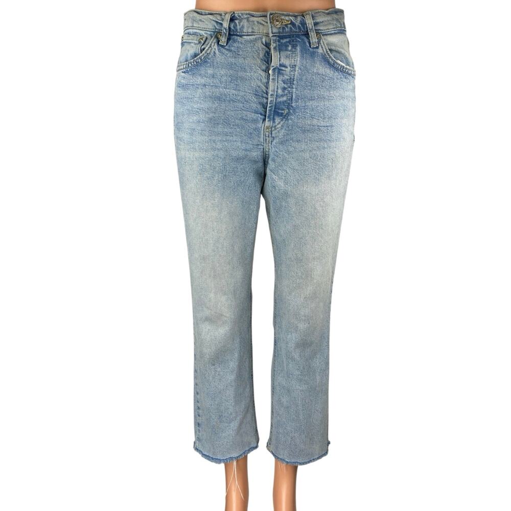 Zara Blue High Waisted Frayed Raw Hem Button Fly Straight Denim Jeans Pants Sz 6